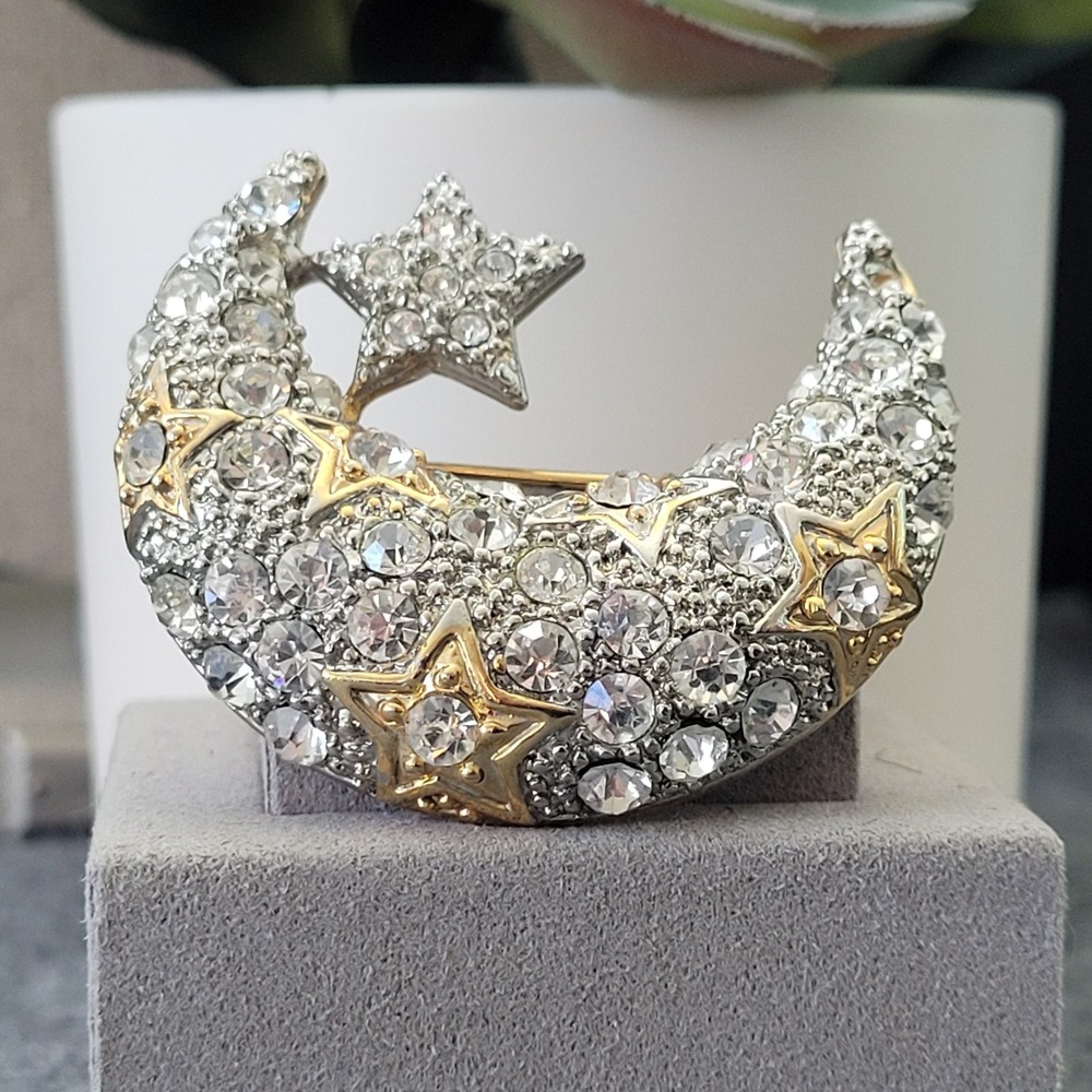 Vintage Style Rhinestone Crescent Moon Star Brooch Clear Crystal Statement